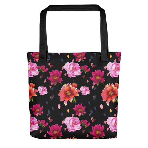 Falling Flowers (Full Design) Tote Bag (Black)